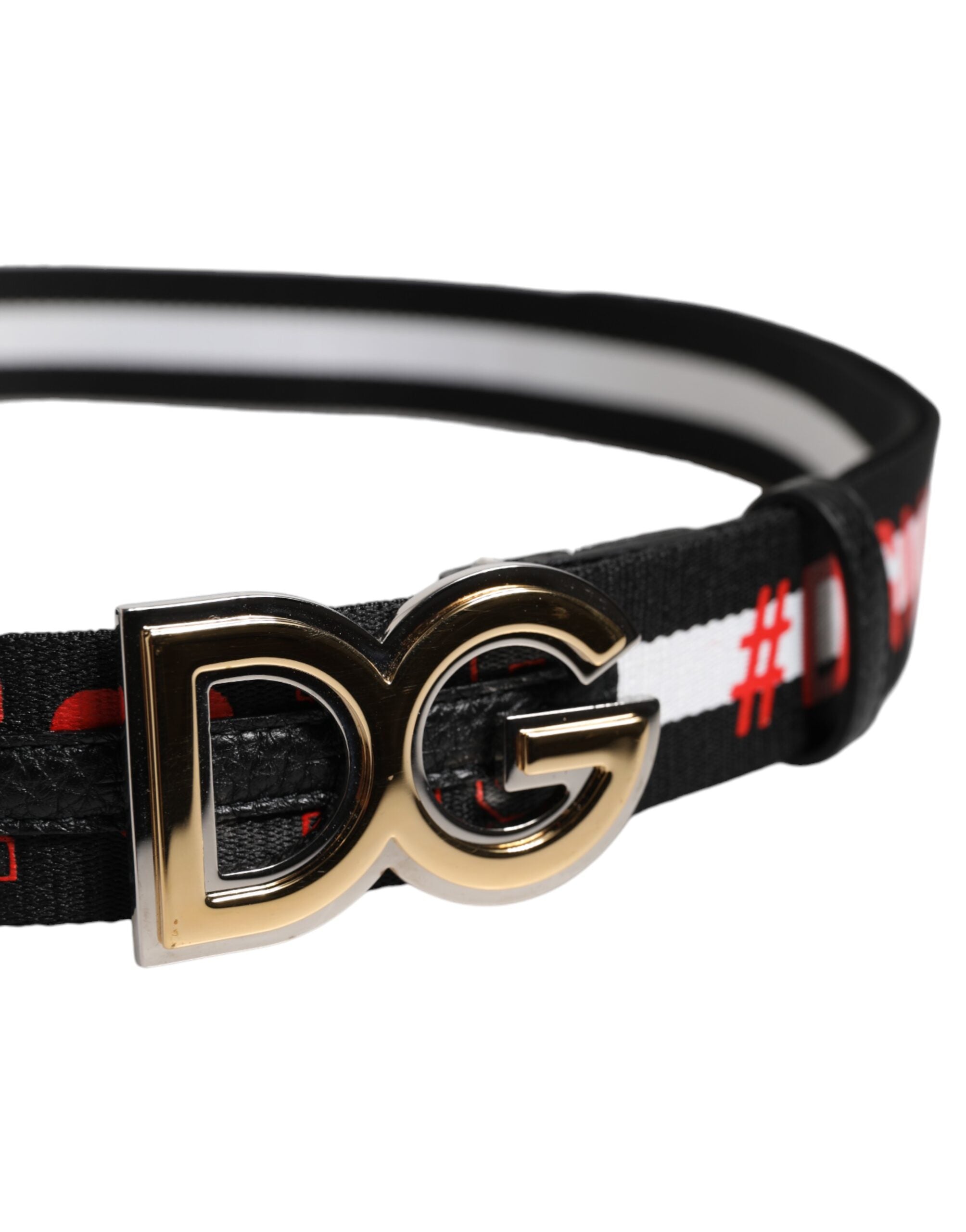 Dolce &amp; Gabbana Black Cotton Logo Print DG Buckle Belt