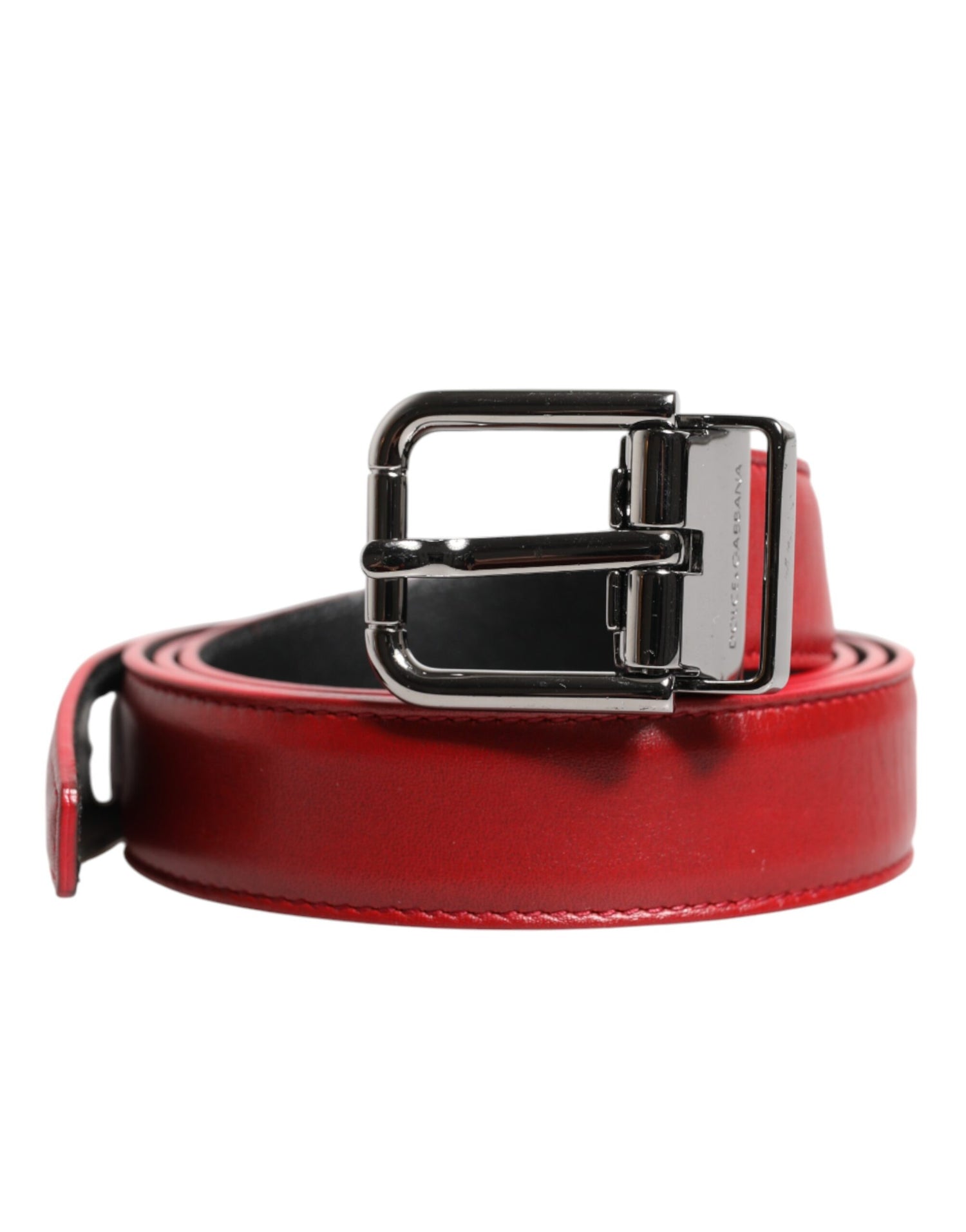 Dolce &amp; Gabbana Red Leather Silver Tone Metal Buckle Belt