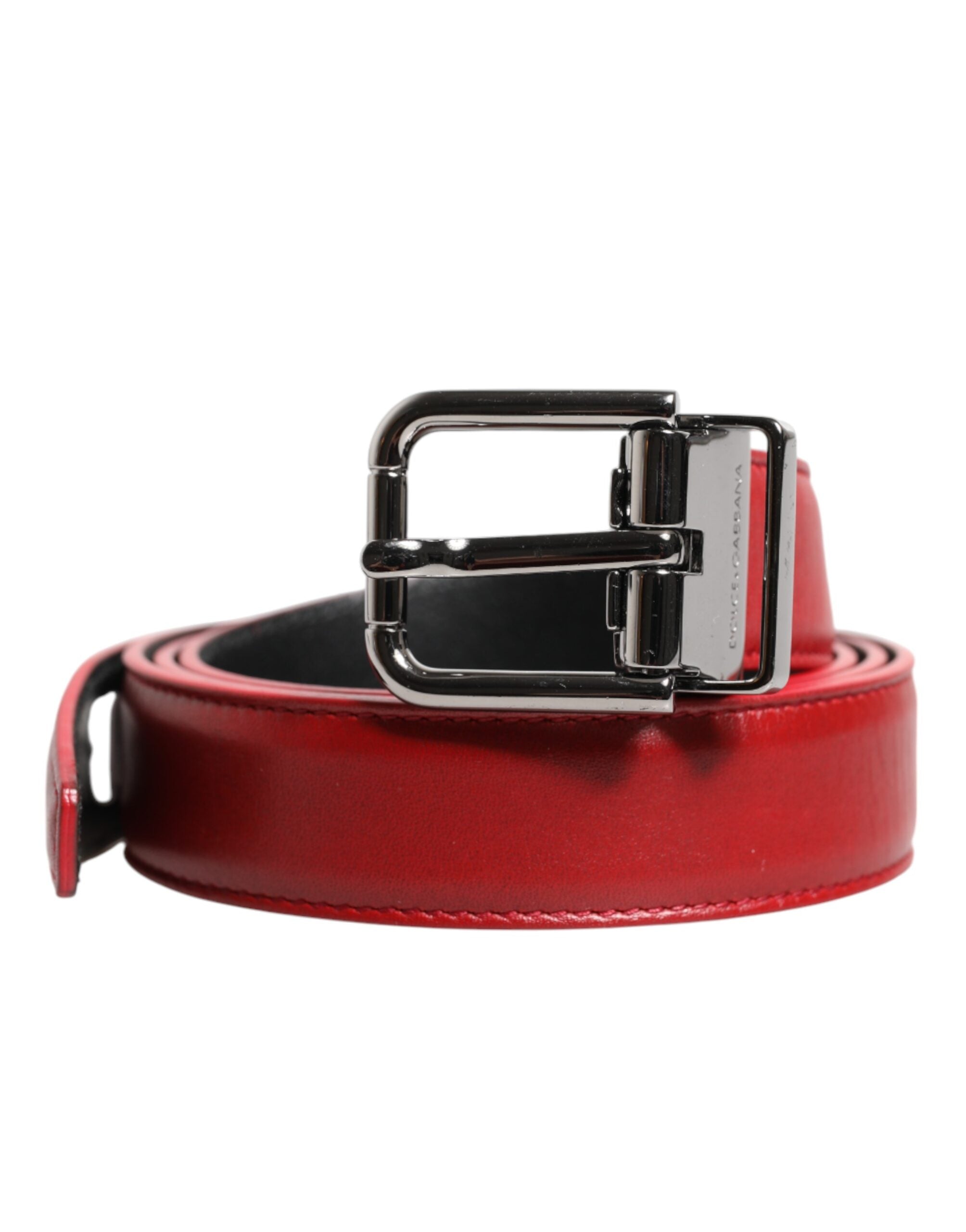 Dolce &amp; Gabbana Red Leather Silver Tone Metal Buckle Belt