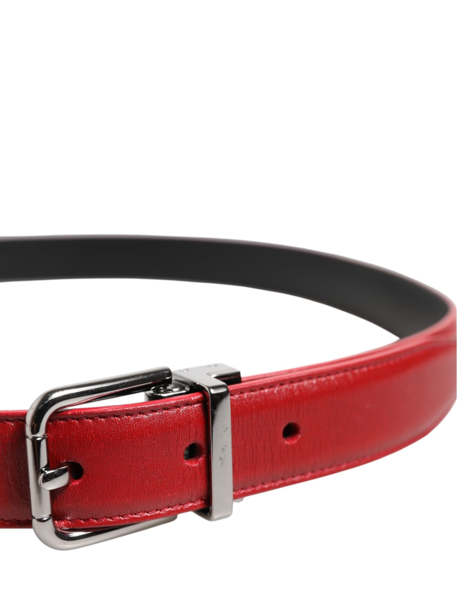 Dolce &amp; Gabbana Red Leather Silver Tone Metal Buckle Belt