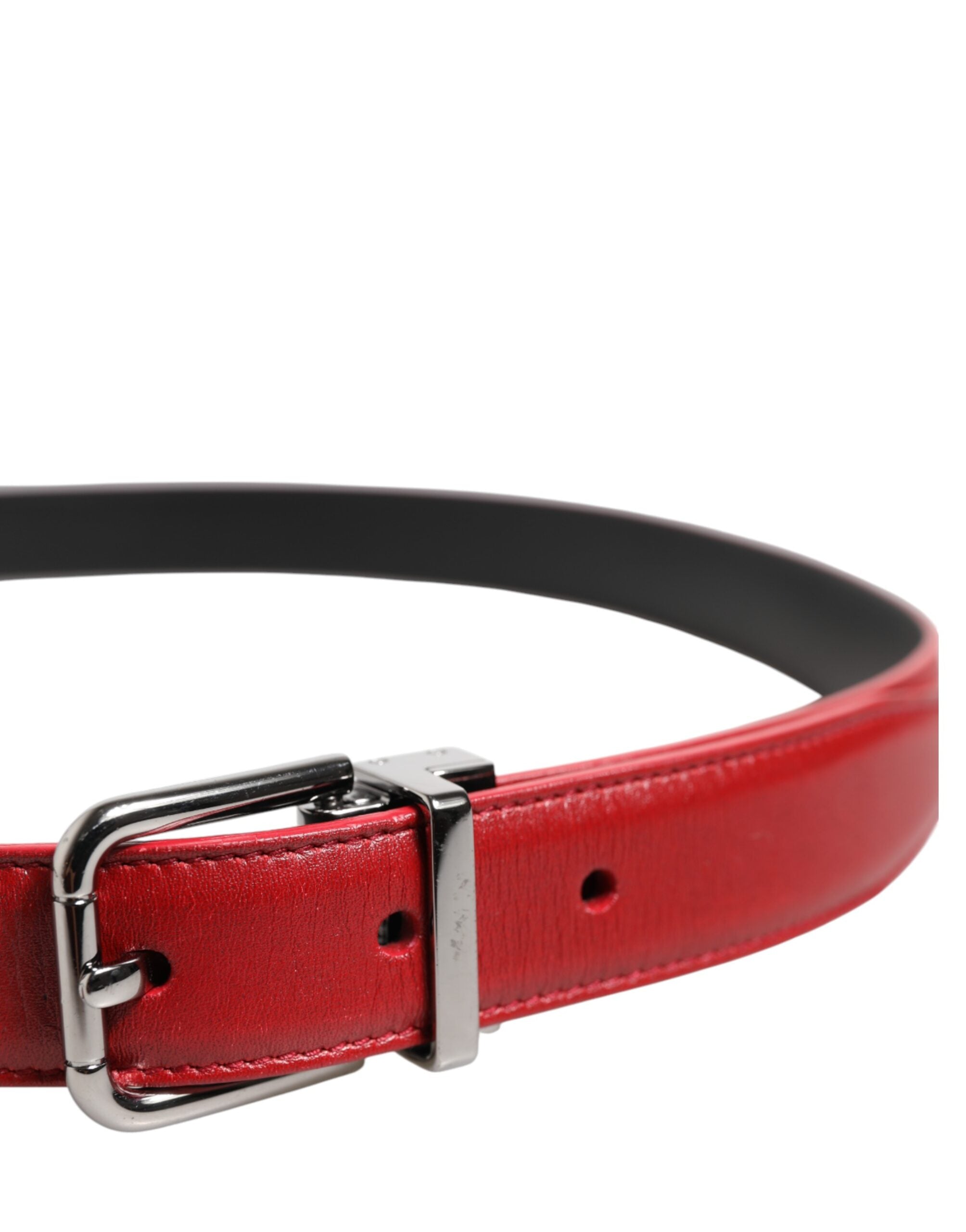 Dolce &amp; Gabbana Red Leather Silver Tone Metal Buckle Belt