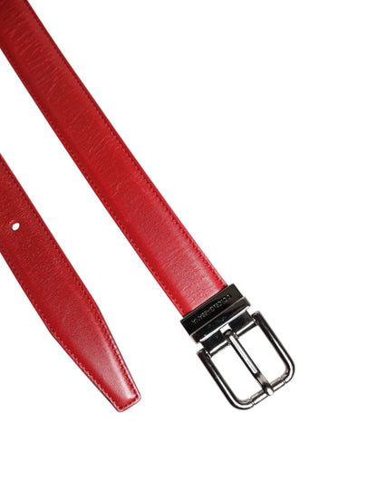 Dolce &amp; Gabbana Red Leather Silver Tone Metal Buckle Belt