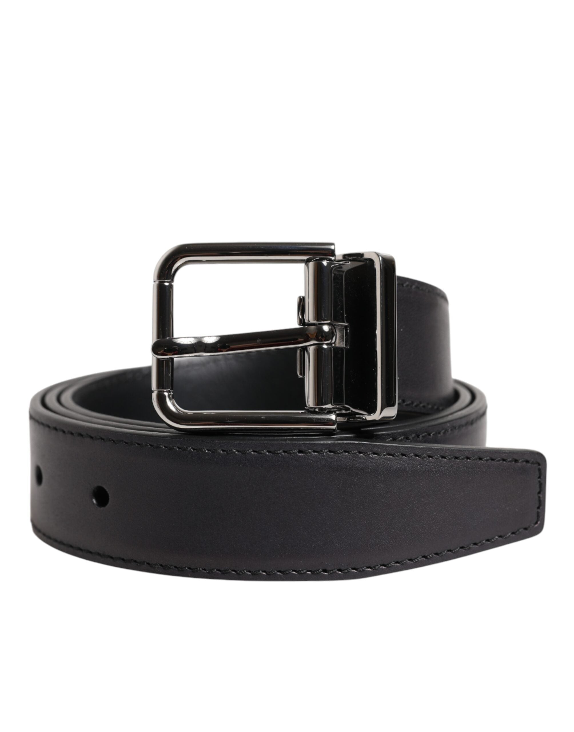 Dolce &amp; Gabbana Black Classic Calf Leather Silver Buckle Belt