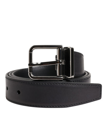 Dolce &amp; Gabbana Black Classic Calf Leather Silver Buckle Belt