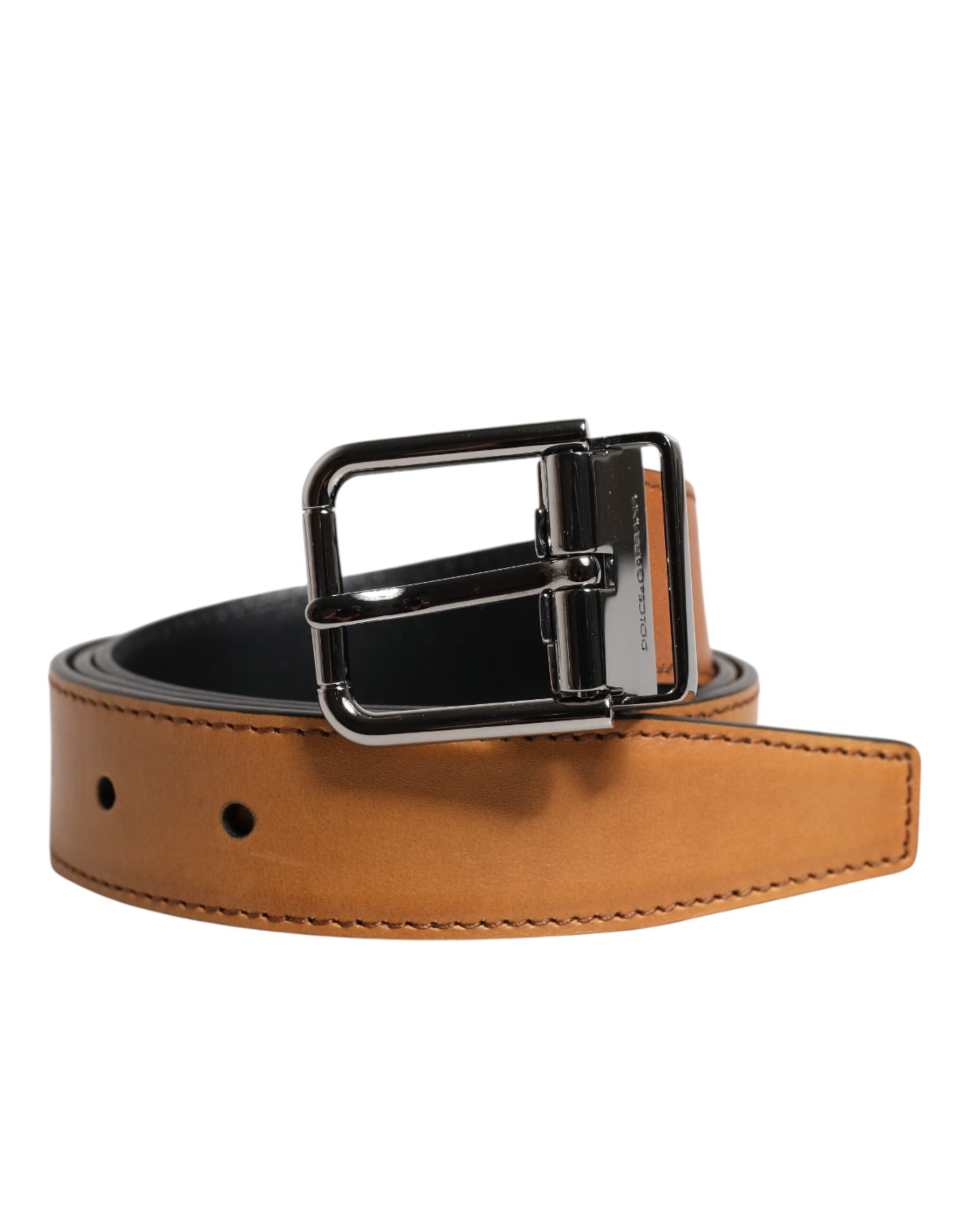 Dolce &amp; Gabbana Brown Classic Calf Leather Silver Buckle Belt