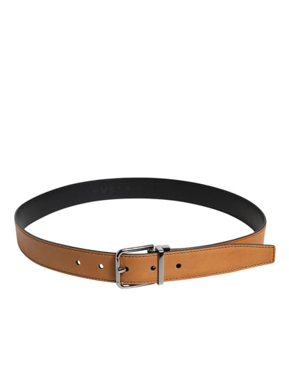 Dolce &amp; Gabbana Brown Classic Calf Leather Silver Buckle Belt