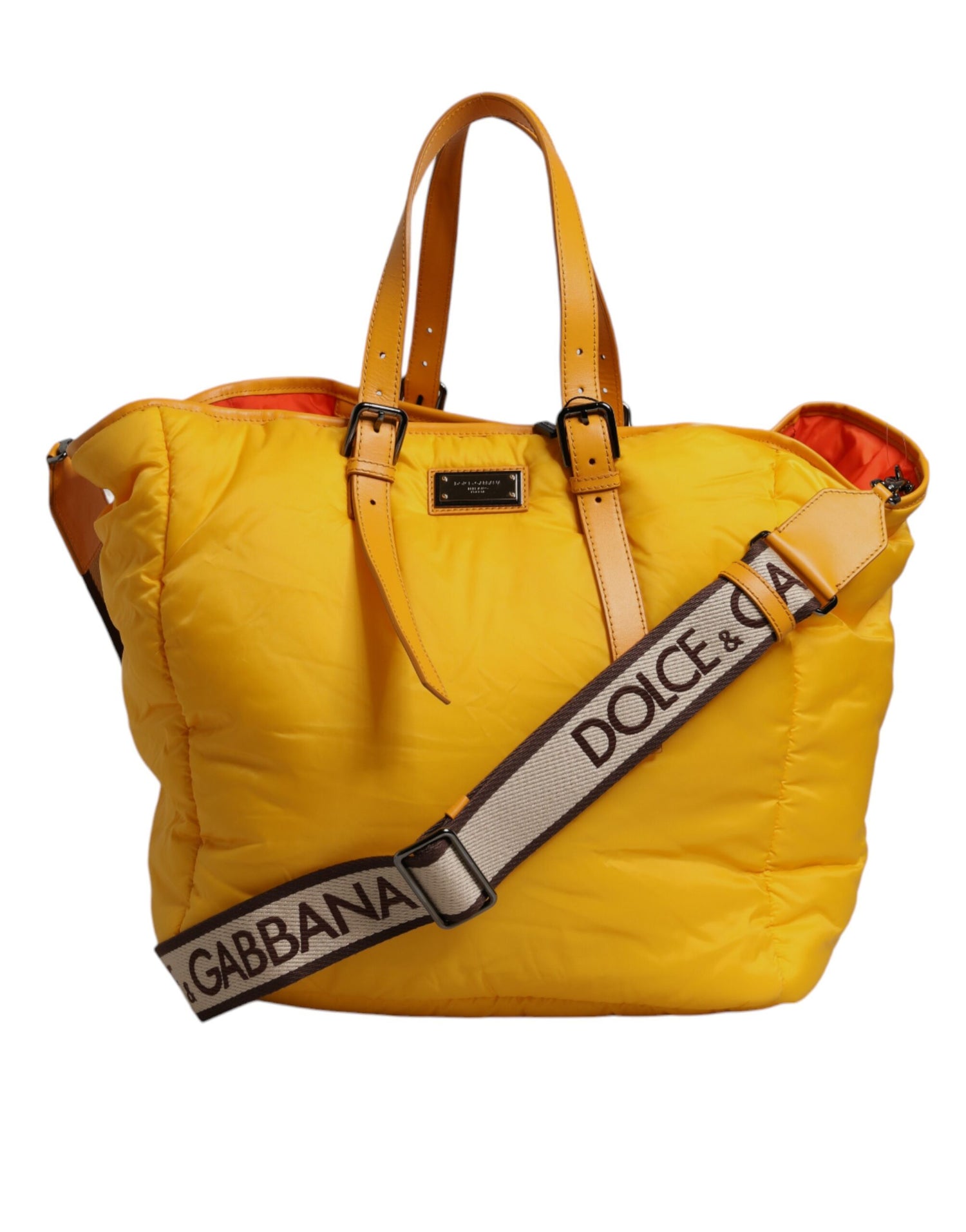 Dolce &amp; Gabbana Yellow Orange Nylon Logo Plaque Hand Shoulder Tote Bag