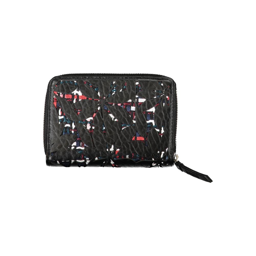 Desigual elegant svart plånbok med dragkedja och kontrasterande detaljer