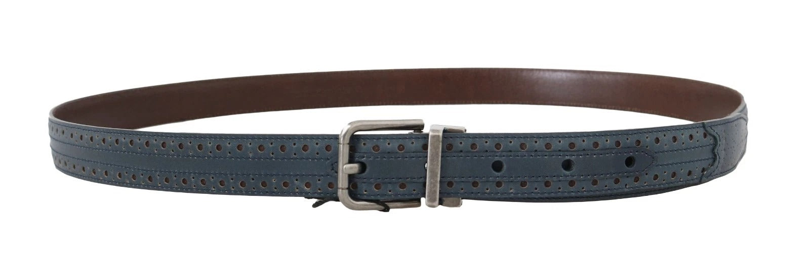 Dolce &amp; Gabbana Blue Perforated Leather Gray Buckle Belt