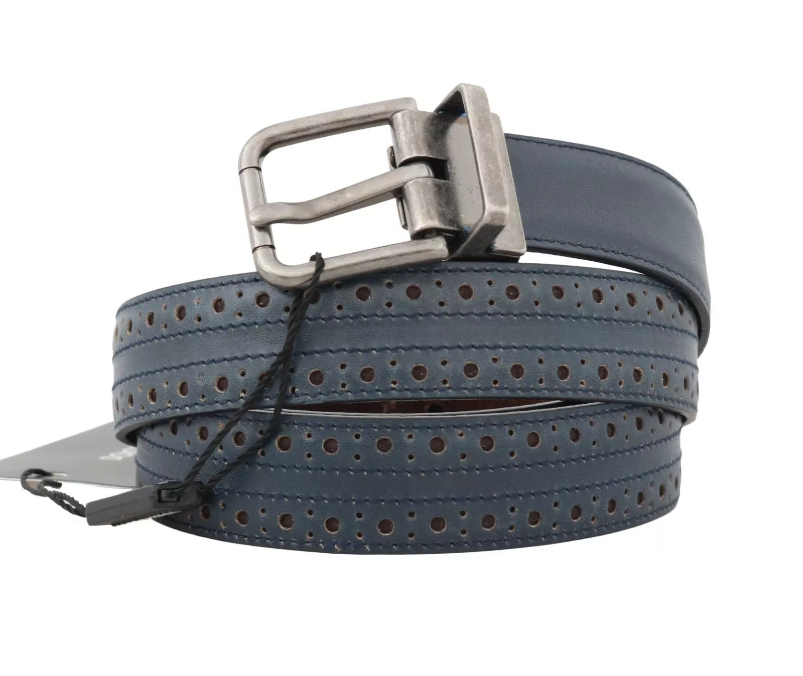 Dolce &amp; Gabbana Blue Perforated Leather Gray Buckle Belt