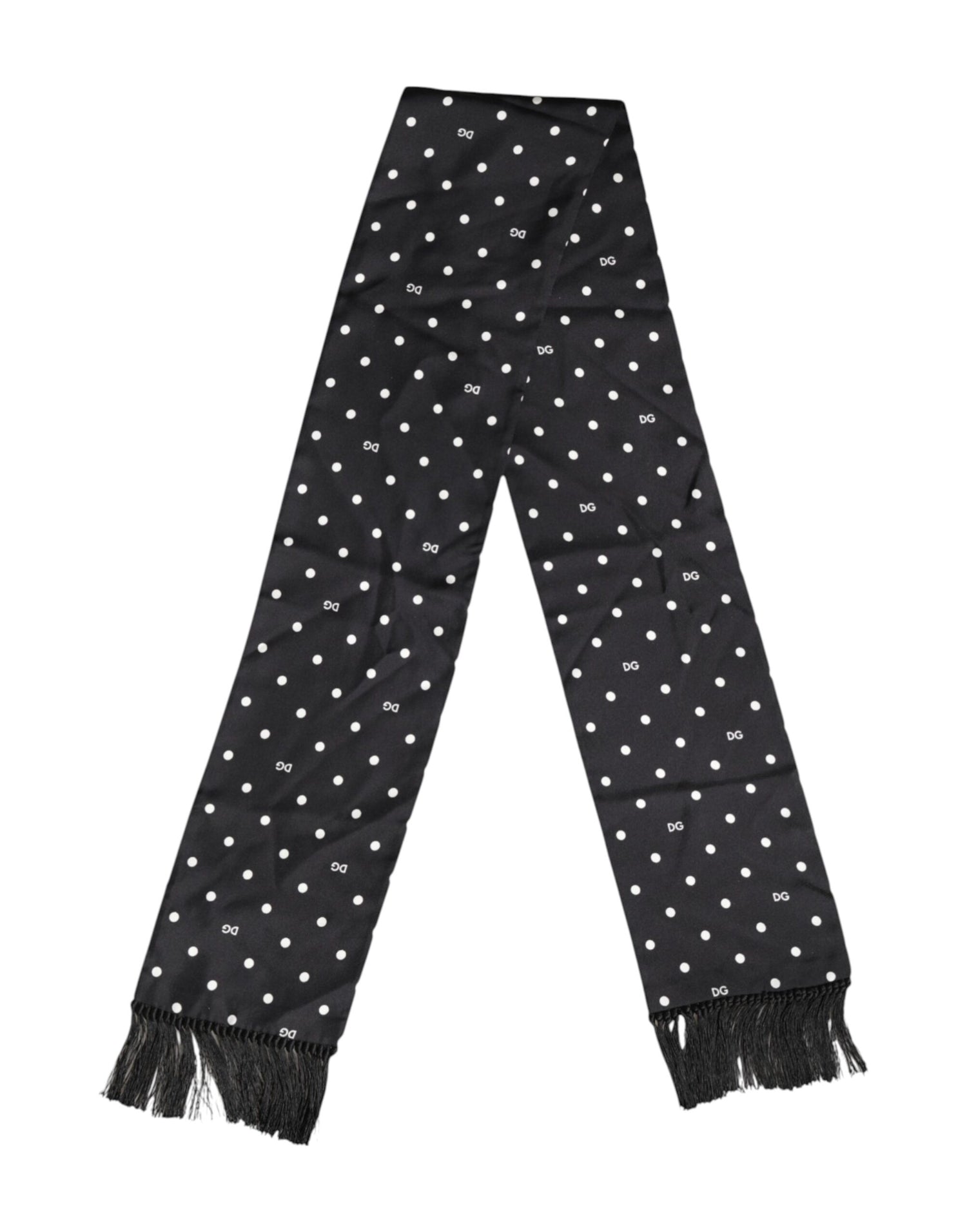 Dolce &amp; Gabbana Black White Polka Dot Fringes Foulard Scarf