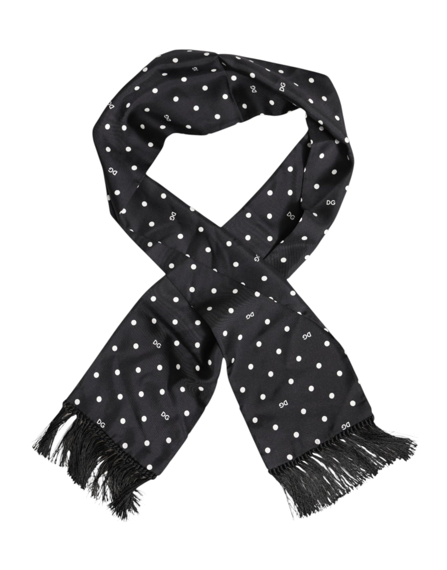 Dolce &amp; Gabbana Black White Polka Dot Fringes Foulard Scarf