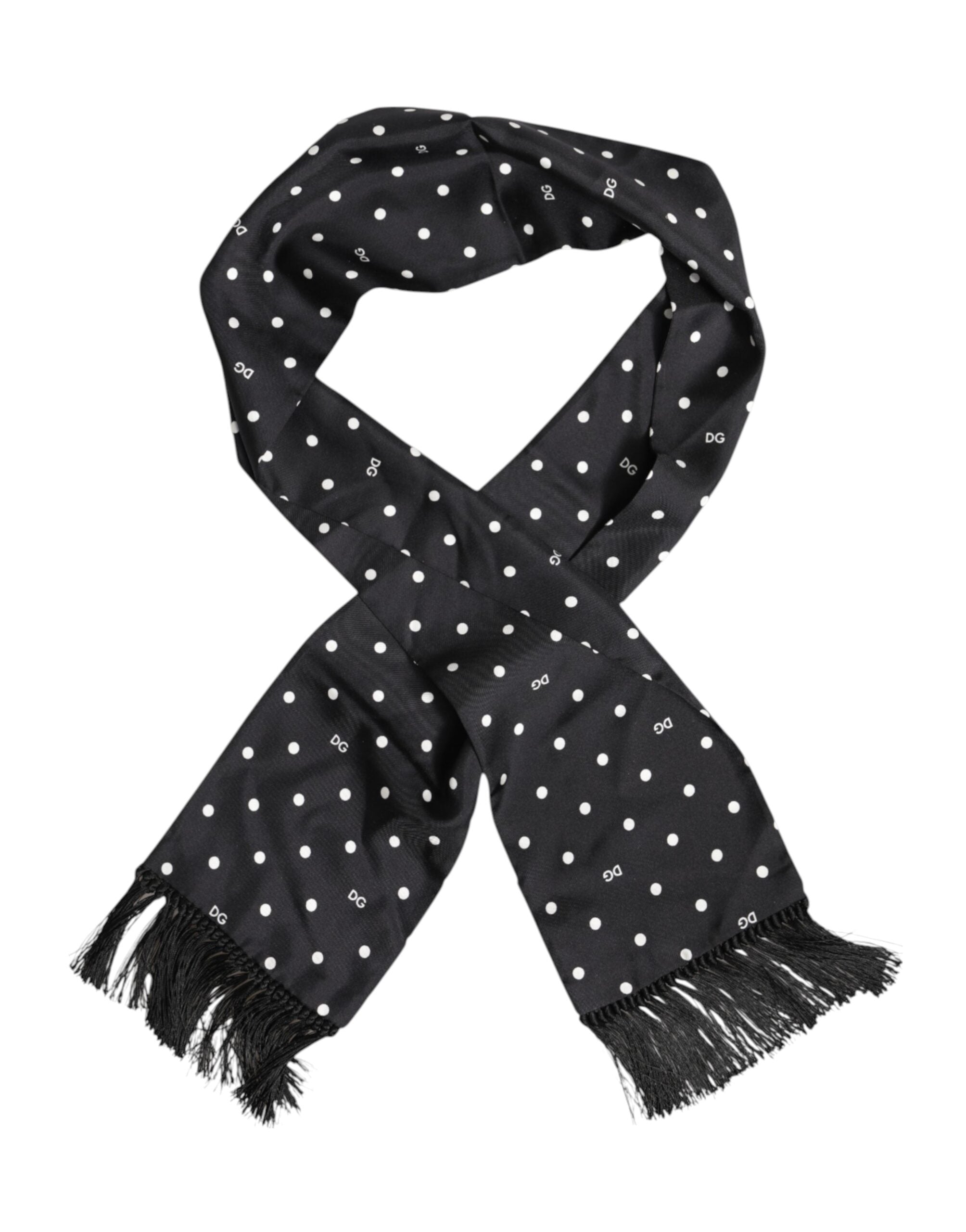 Dolce &amp; Gabbana Black White Polka Dot Fringes Foulard Scarf