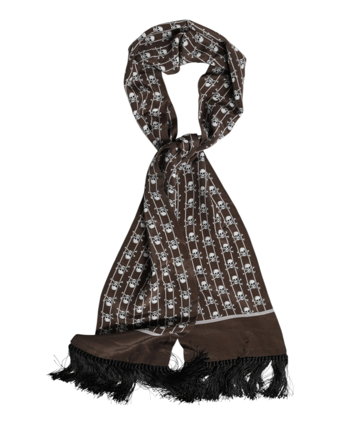 Dolce &amp; Gabbana Brown Skulls Print Fringes Men Foulard Scarf