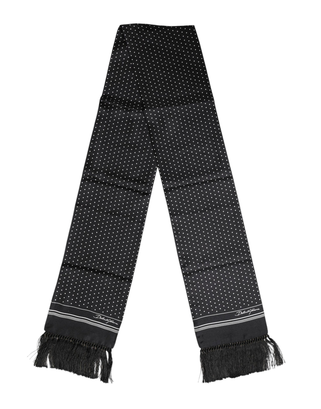 Dolce &amp; Gabbana Black White Polka Dot Fringes Foulard Scarf