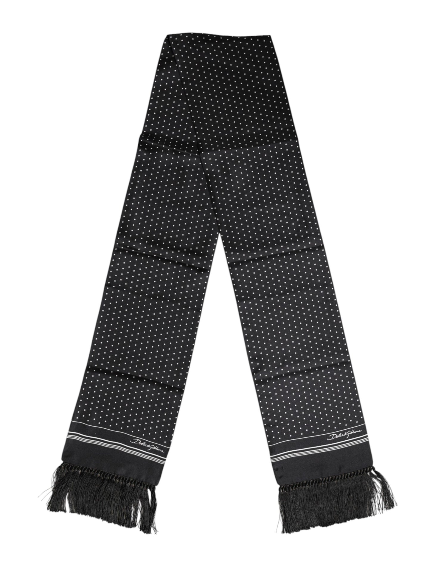 Dolce &amp; Gabbana Black White Polka Dot Fringes Foulard Scarf