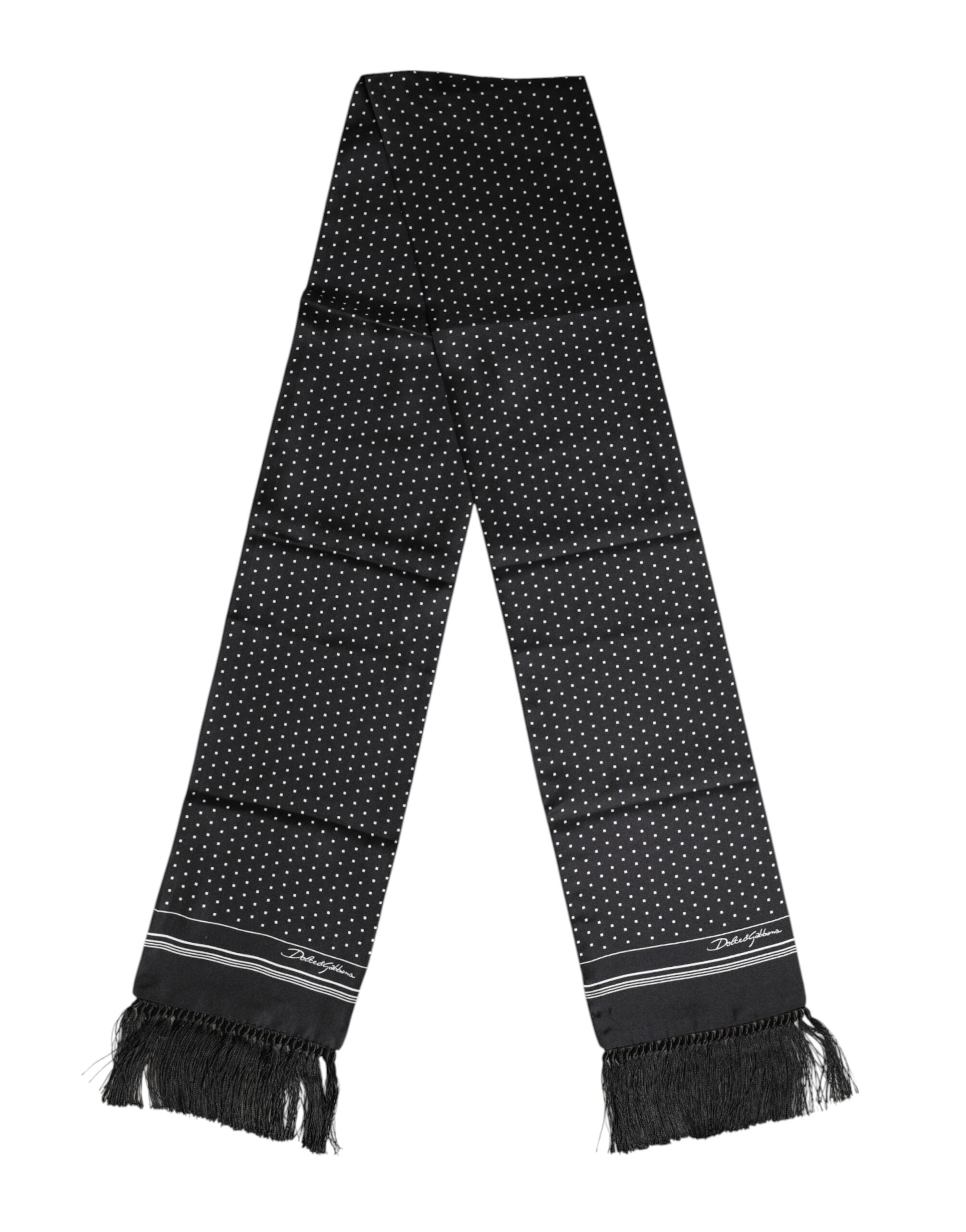 Dolce &amp; Gabbana Black White Polka Dot Fringes Foulard Scarf