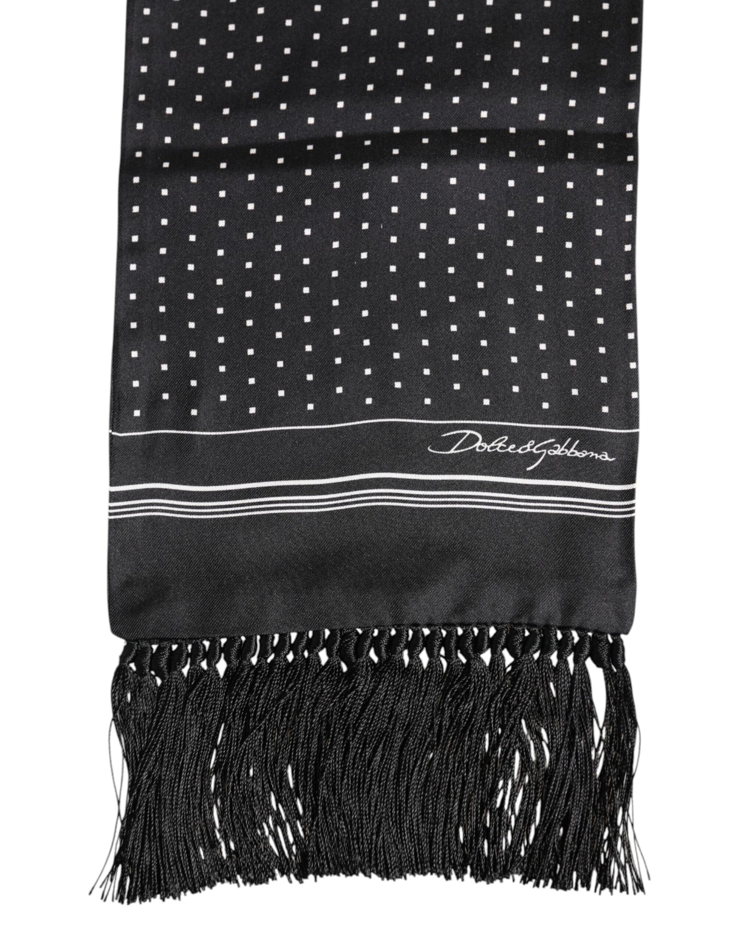 Dolce &amp; Gabbana Black White Polka Dot Fringes Foulard Scarf