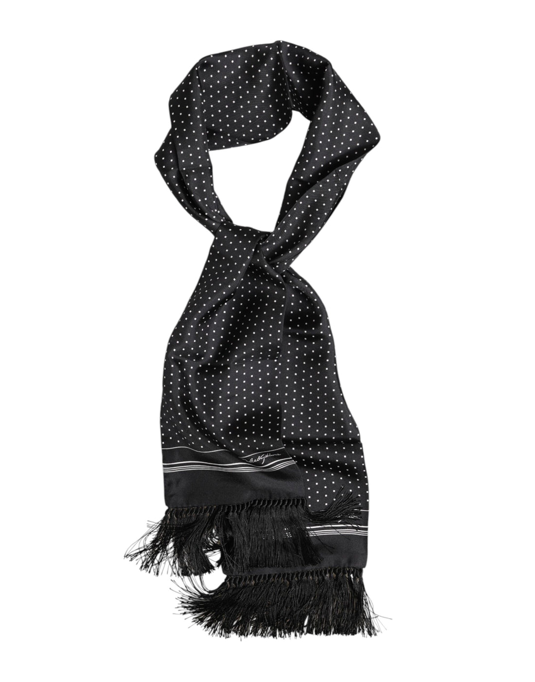 Dolce &amp; Gabbana Black White Polka Dot Fringes Foulard Scarf
