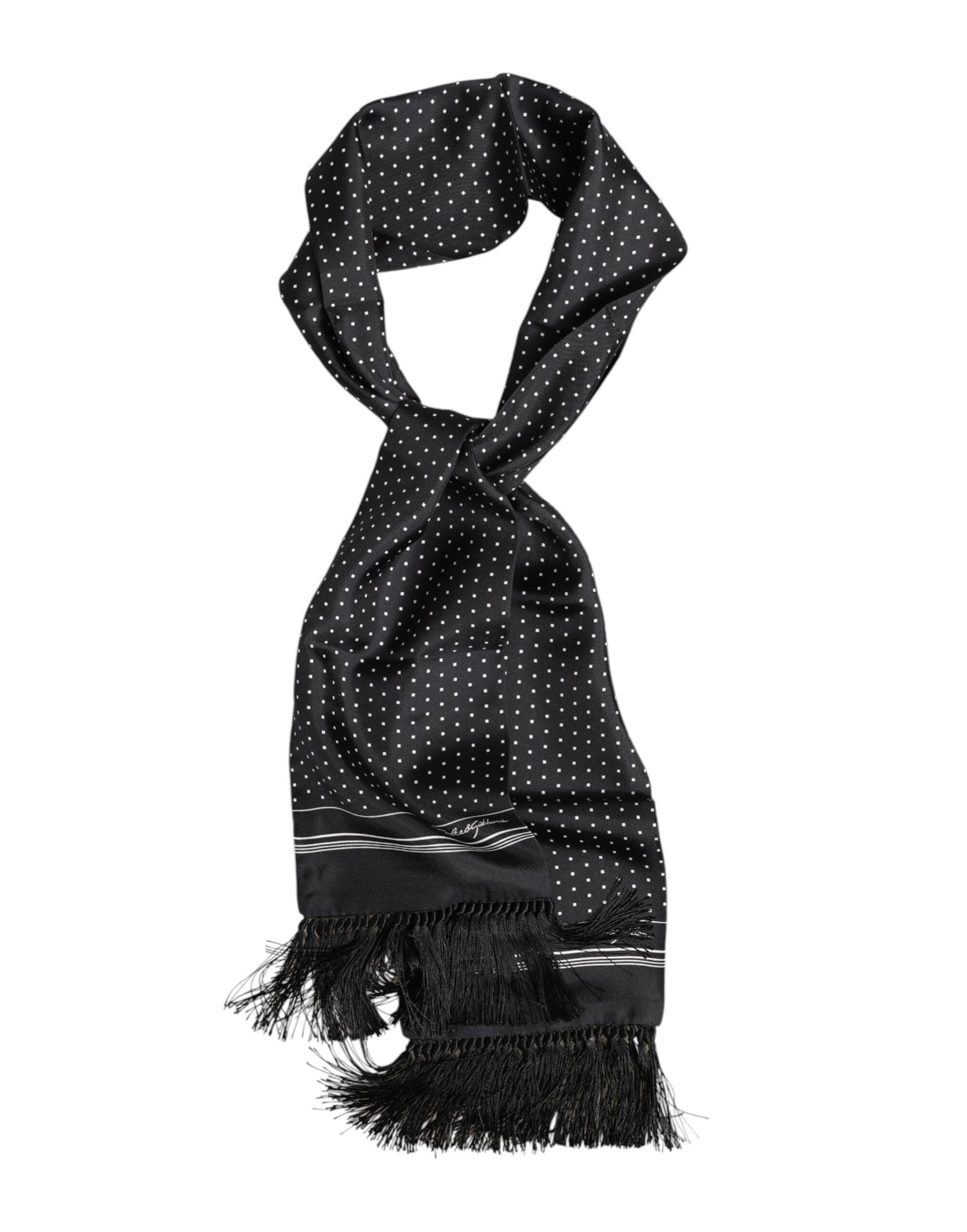 Dolce &amp; Gabbana Black White Polka Dot Fringes Foulard Scarf