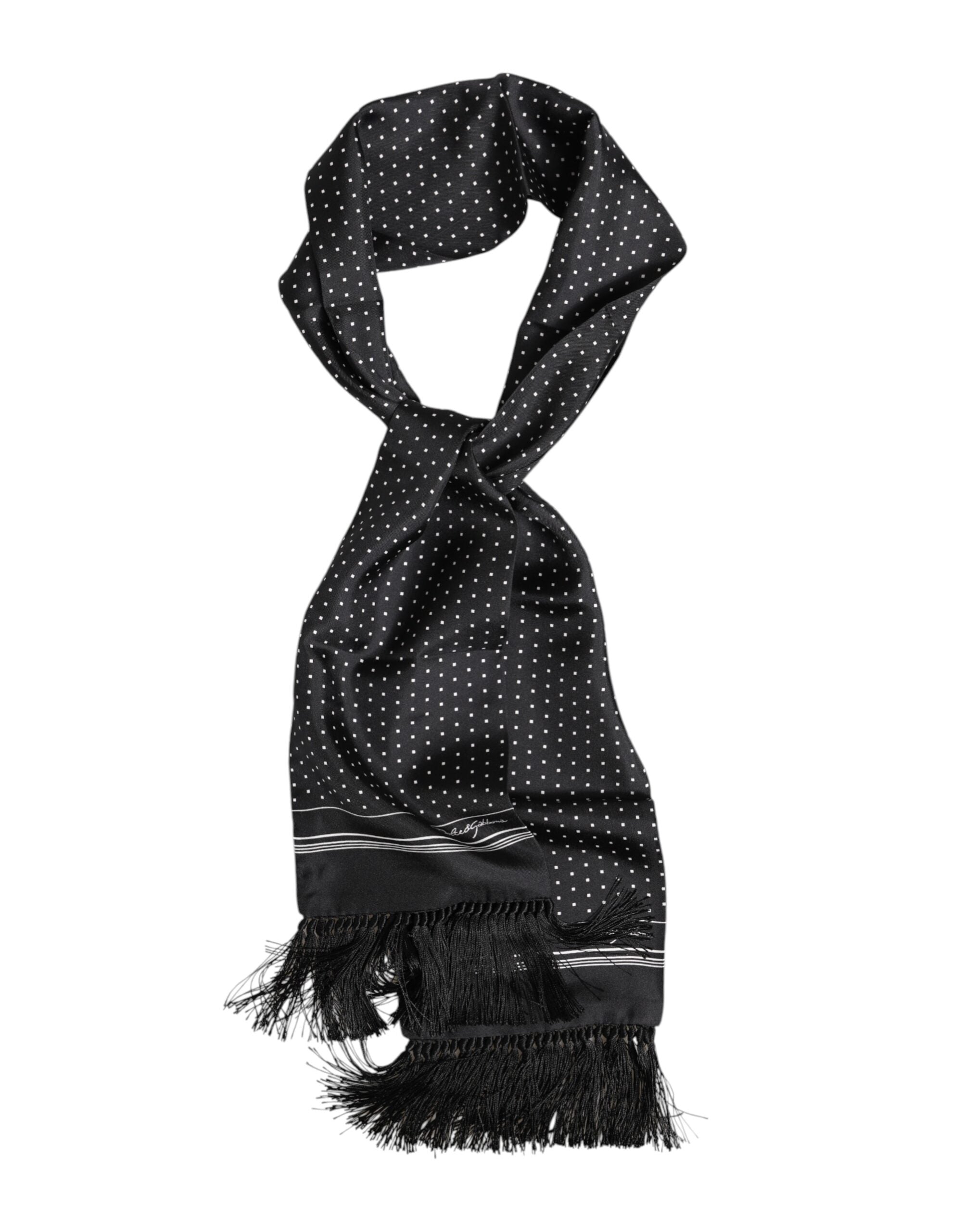 Dolce &amp; Gabbana Black White Polka Dot Fringes Foulard Scarf