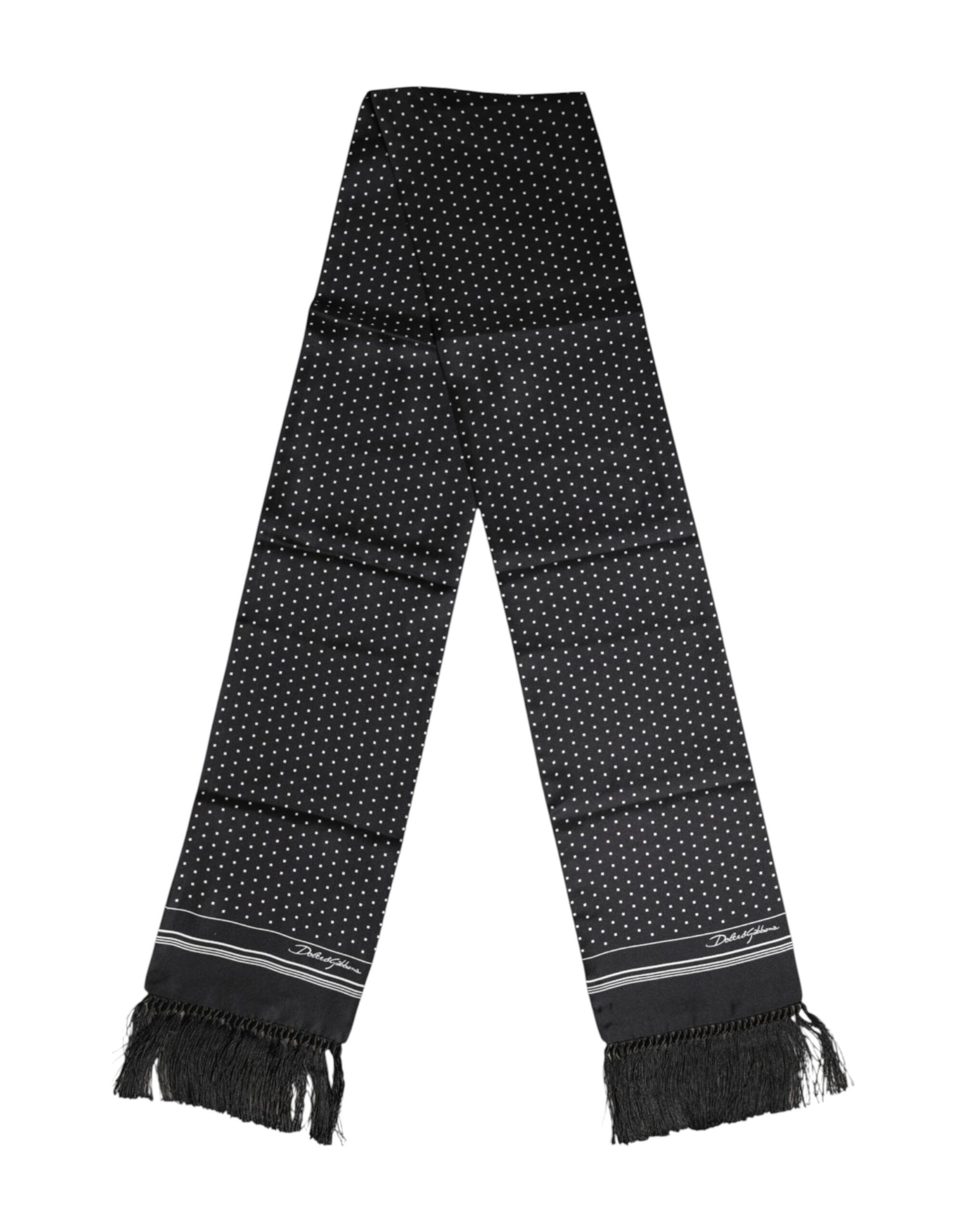 Dolce &amp; Gabbana Black White Polka Dot Fringes Foulard Scarf