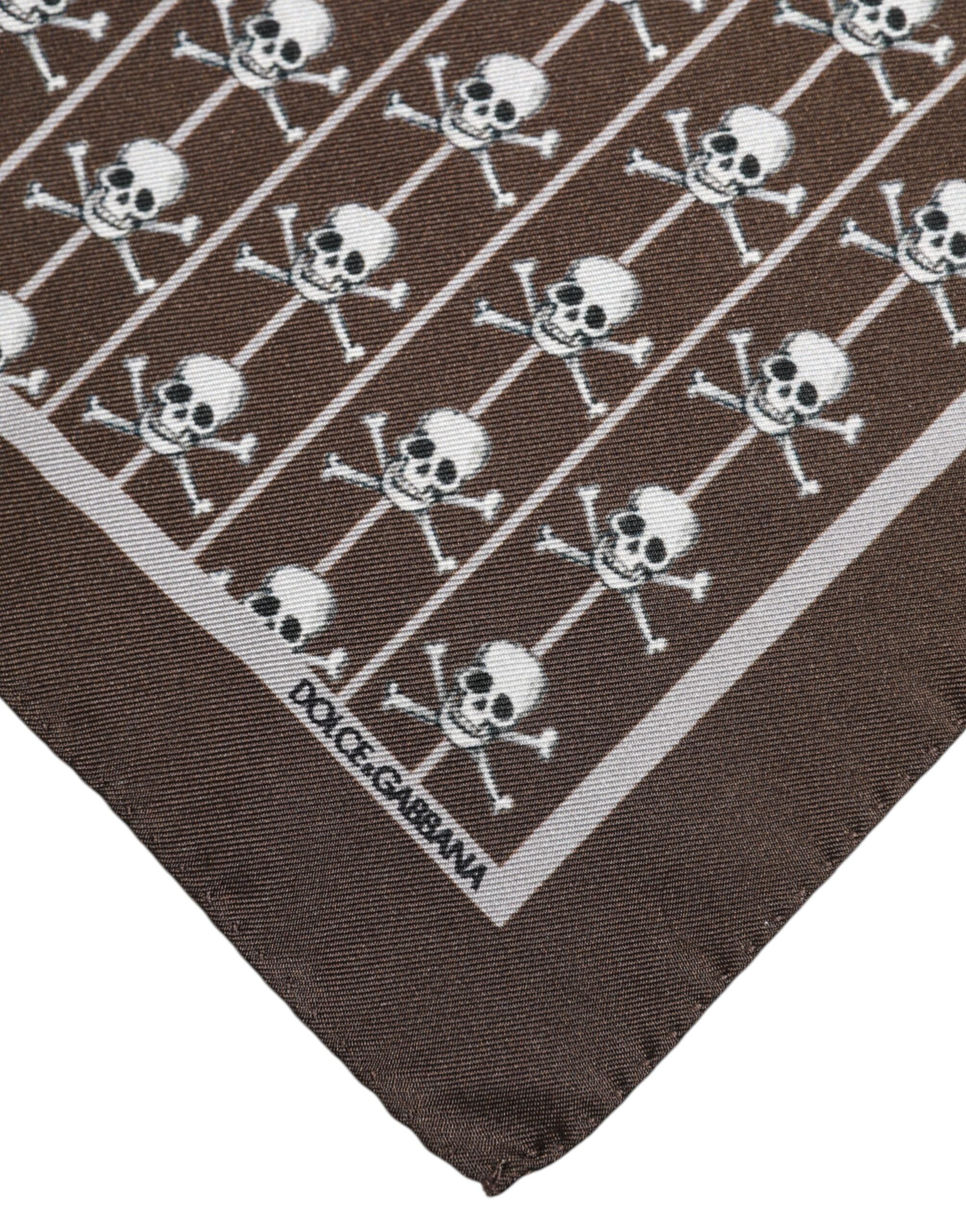 Dolce &amp; Gabbana Brown Skull Silk Square Men Foulard Scarf