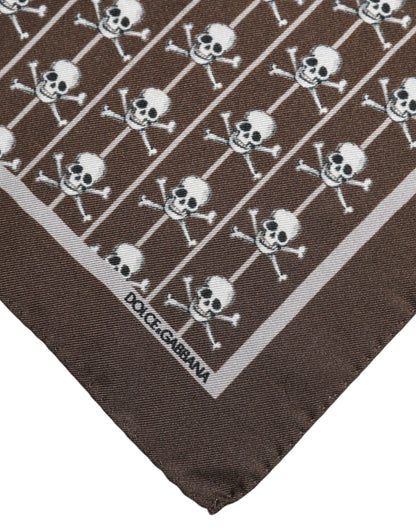 Dolce &amp; Gabbana Brown Skull Silk Square Men Foulard Scarf