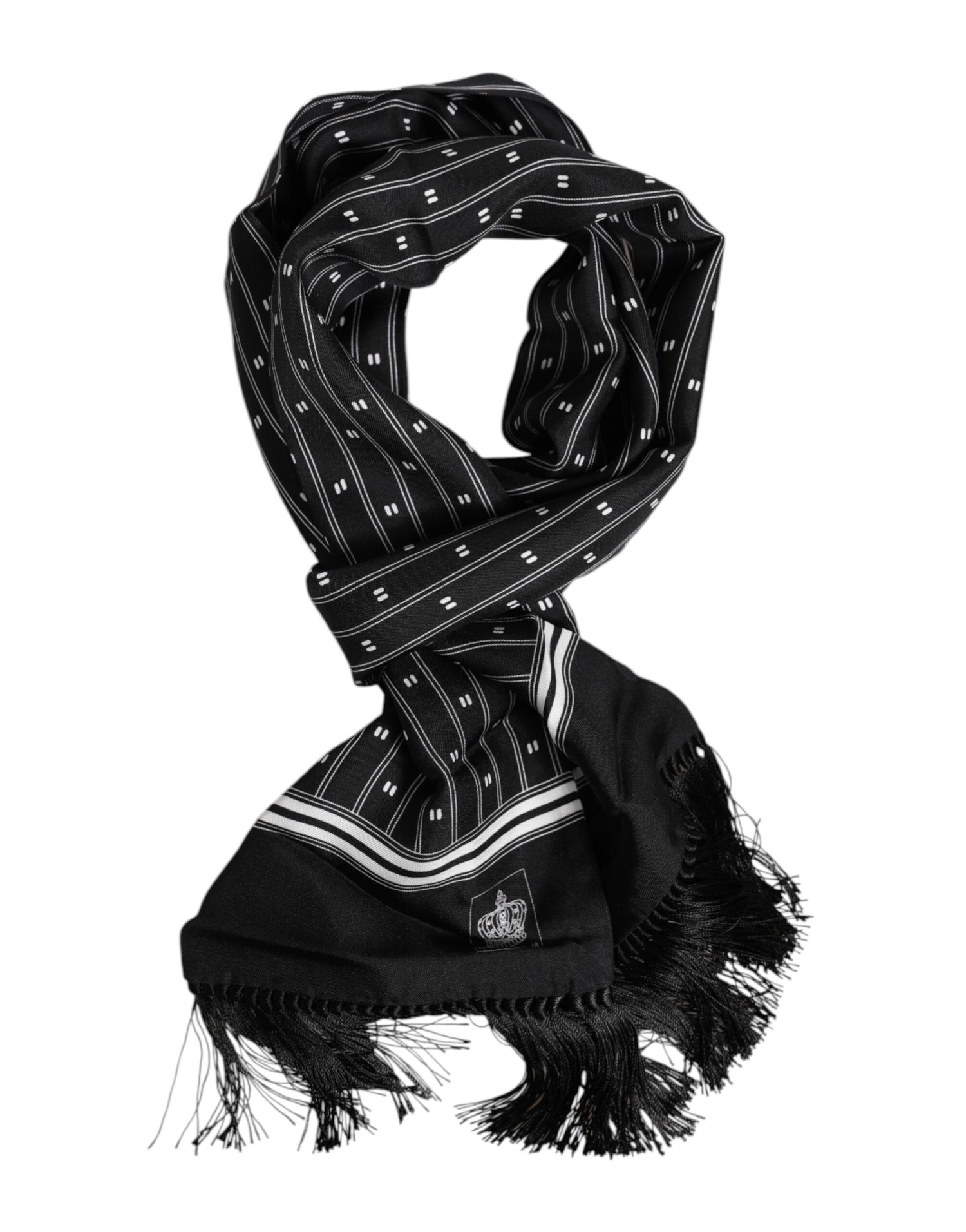 Dolce &amp; Gabbana Black Silk Printed Fringes Men Foulard Scarf