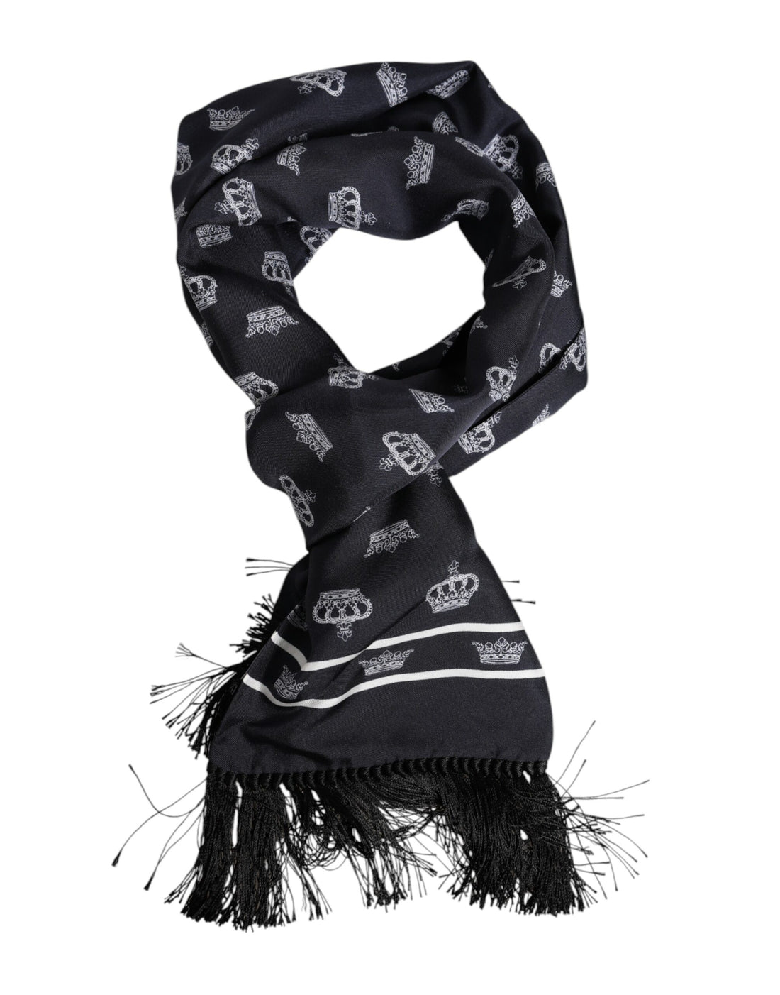 Dolce &amp; Gabbana Black Silk Crown Fringes Men Foulard Scarf