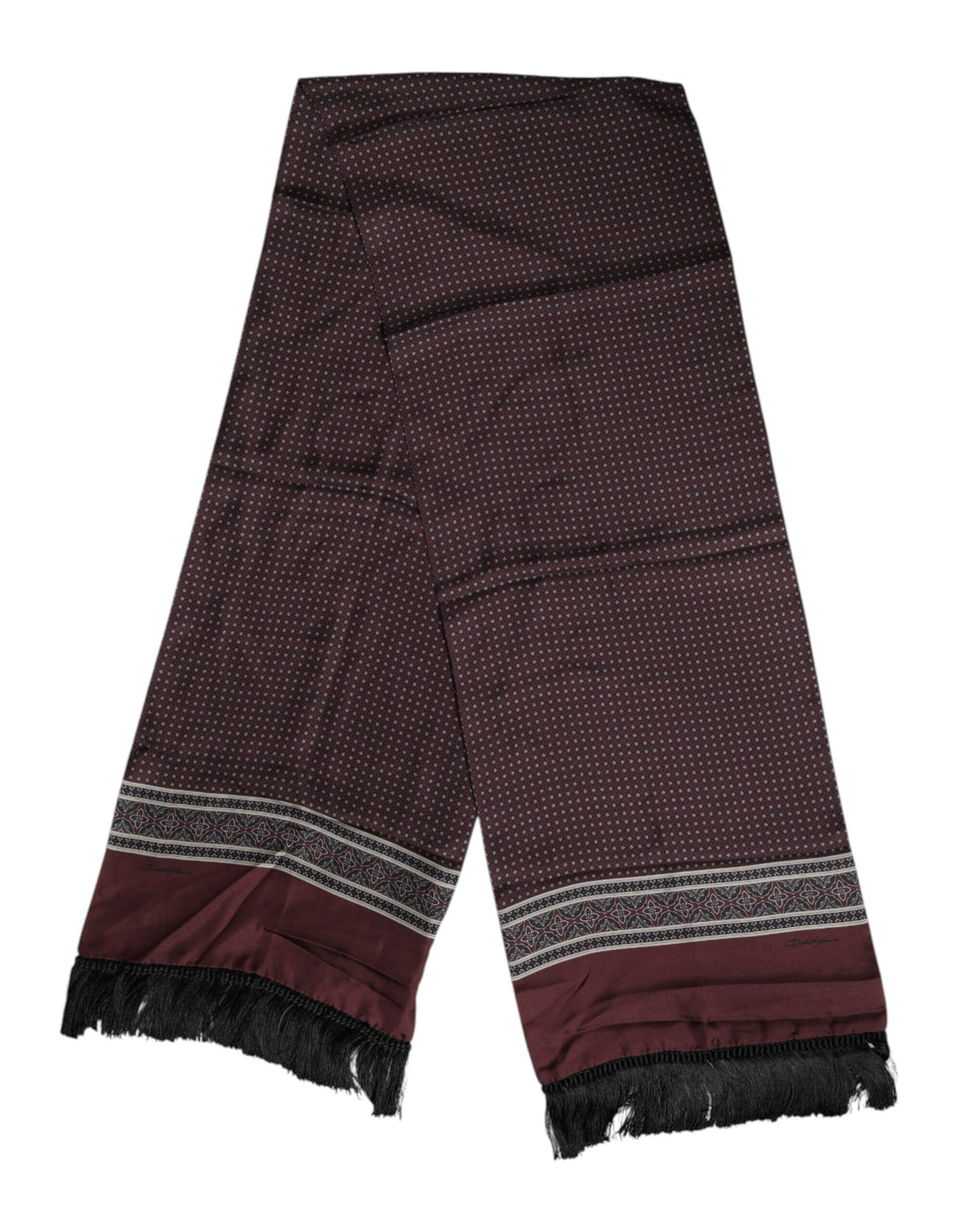 Dolce &amp; Gabbana Maroon Dotted Silk Fringes Foulard Scarf