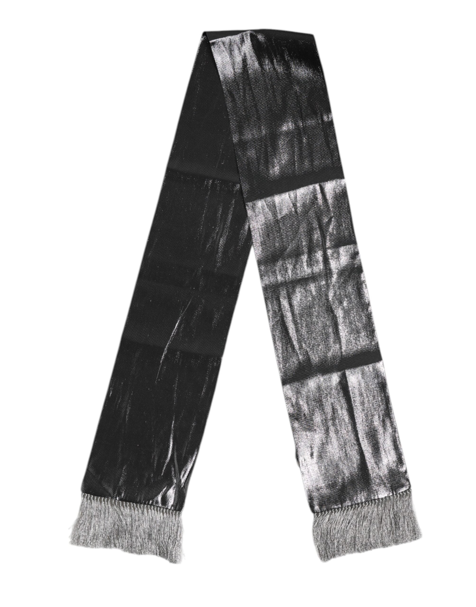 Dolce &amp; Gabbana Metallic Gray Silk Fringes Foulard Scarf