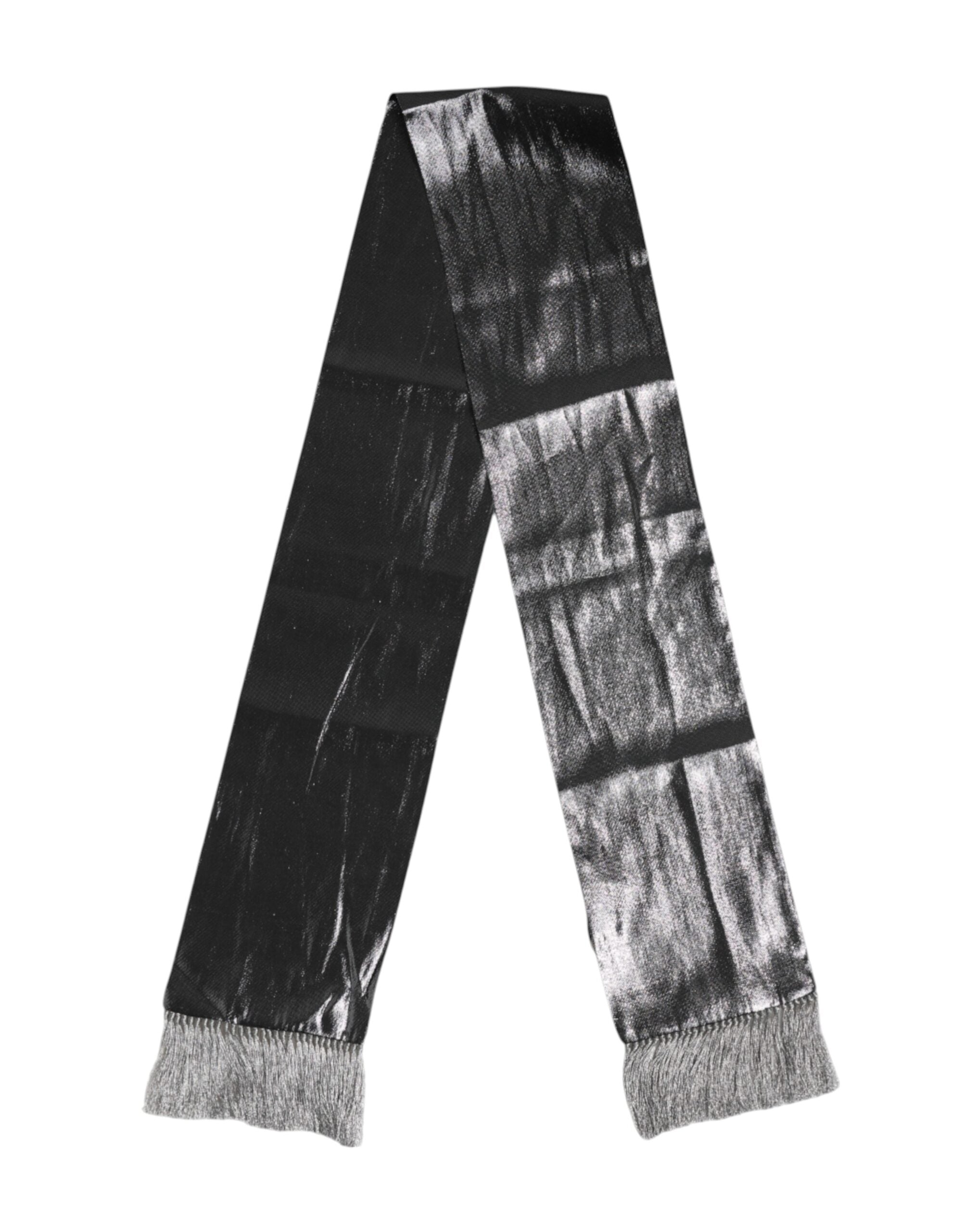 Dolce &amp; Gabbana Metallic Gray Silk Fringes Foulard Scarf