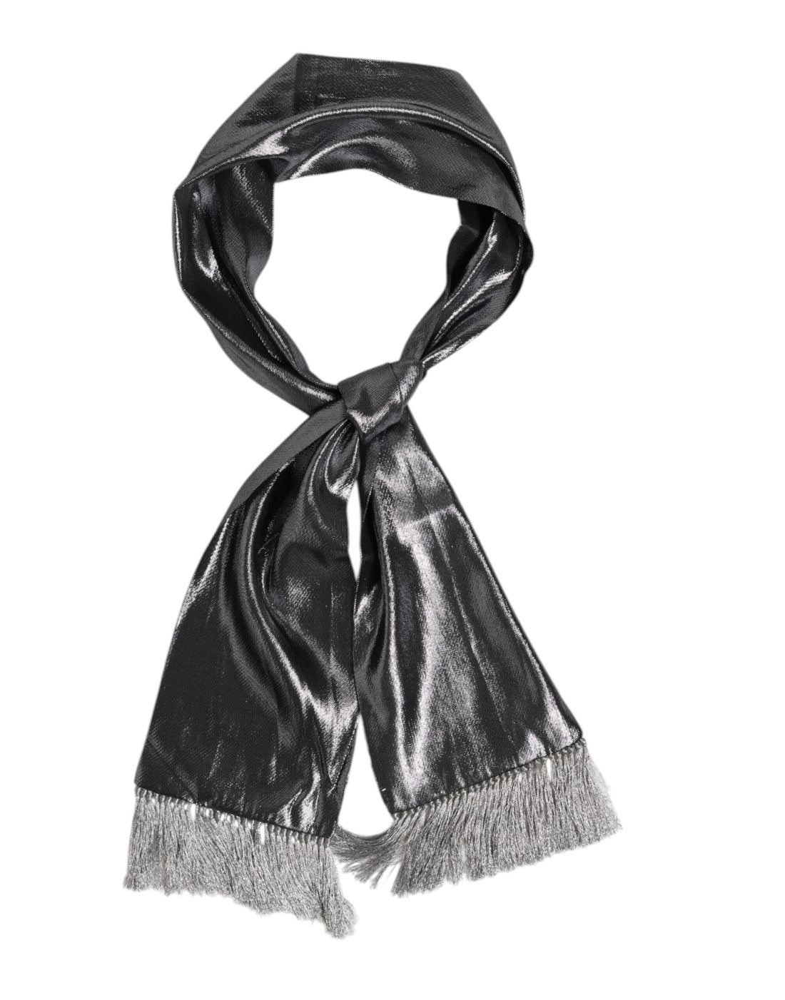 Dolce &amp; Gabbana Metallic Gray Silk Fringes Foulard Scarf