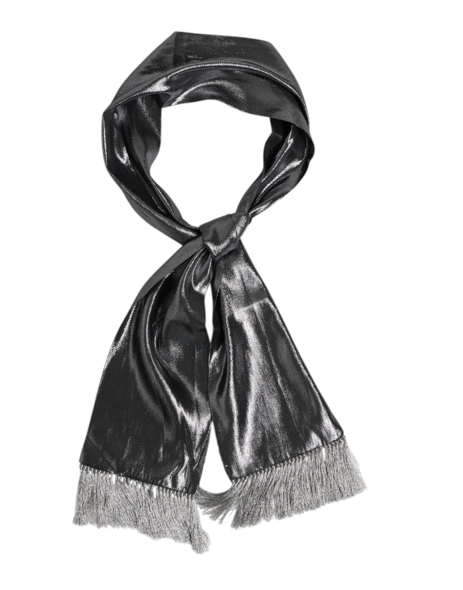 Dolce &amp; Gabbana Metallic Gray Silk Fringes Foulard Scarf