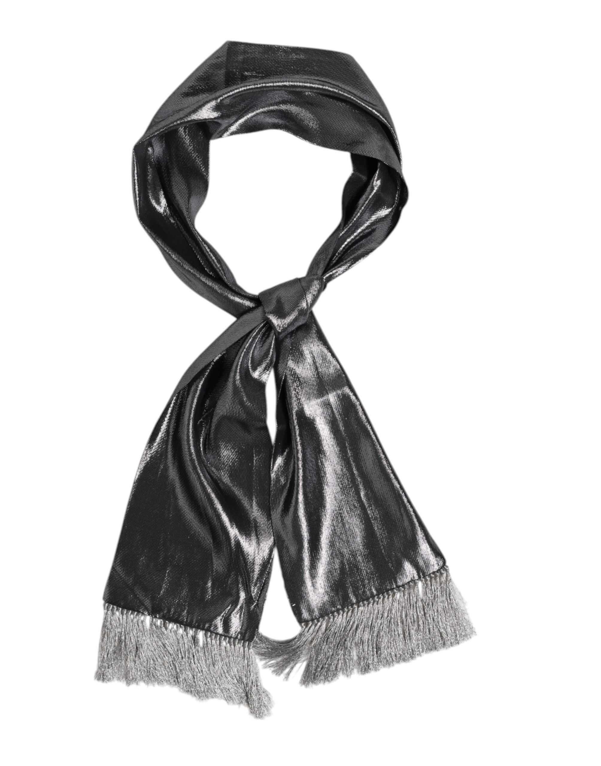 Dolce &amp; Gabbana Metallic Gray Silk Fringes Foulard Scarf