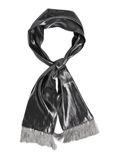 Dolce &amp; Gabbana Metallic Gray Silk Fringes Foulard Scarf