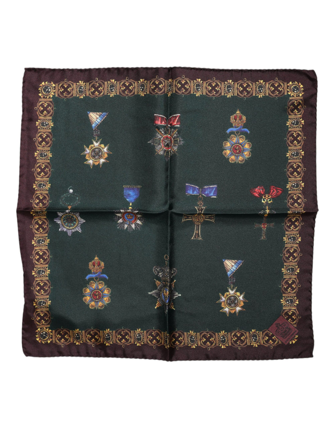 Dolce &amp; Gabbana Green Medals Silk Square Foulard Scarf