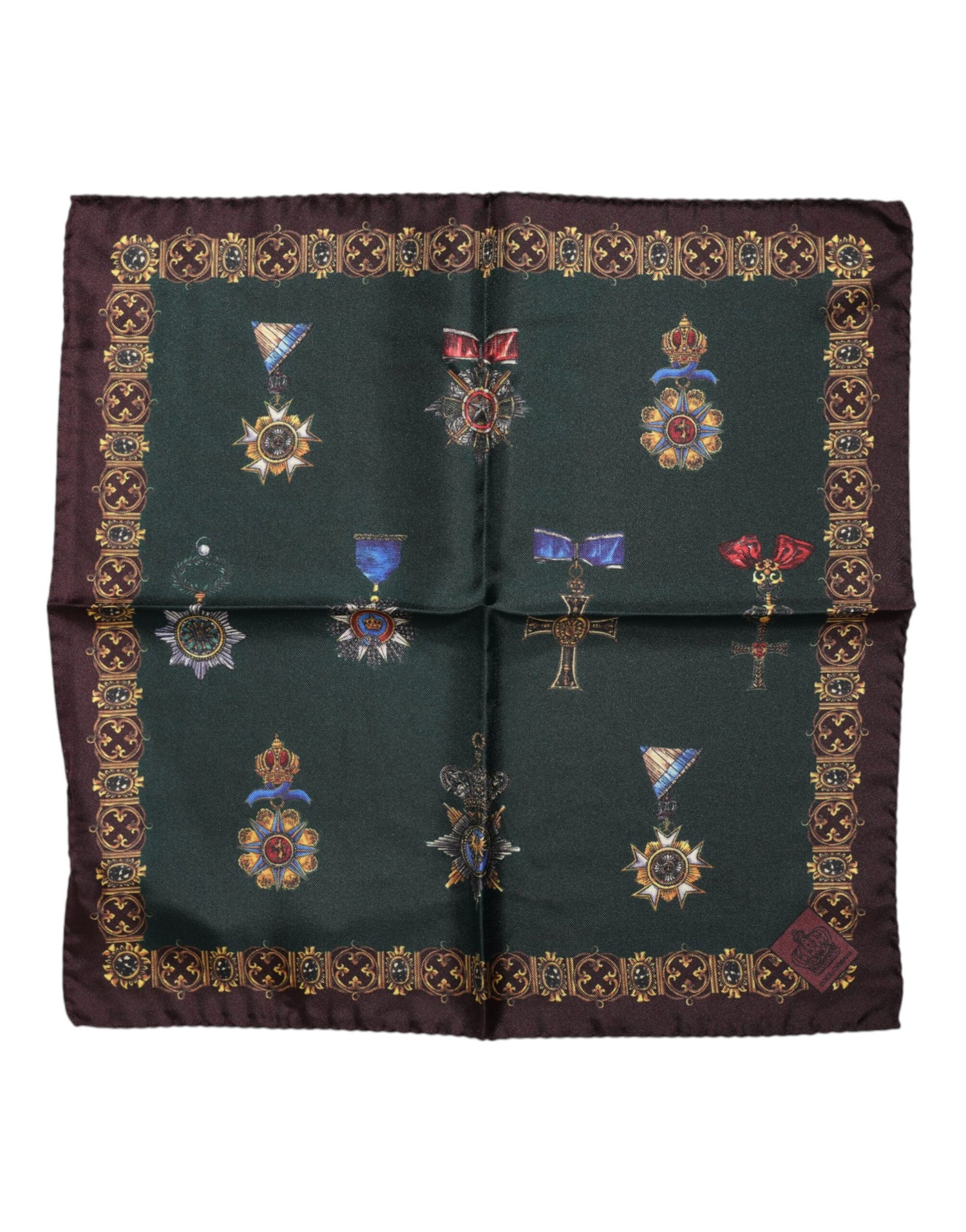 Dolce &amp; Gabbana Green Medals Silk Square Foulard Scarf