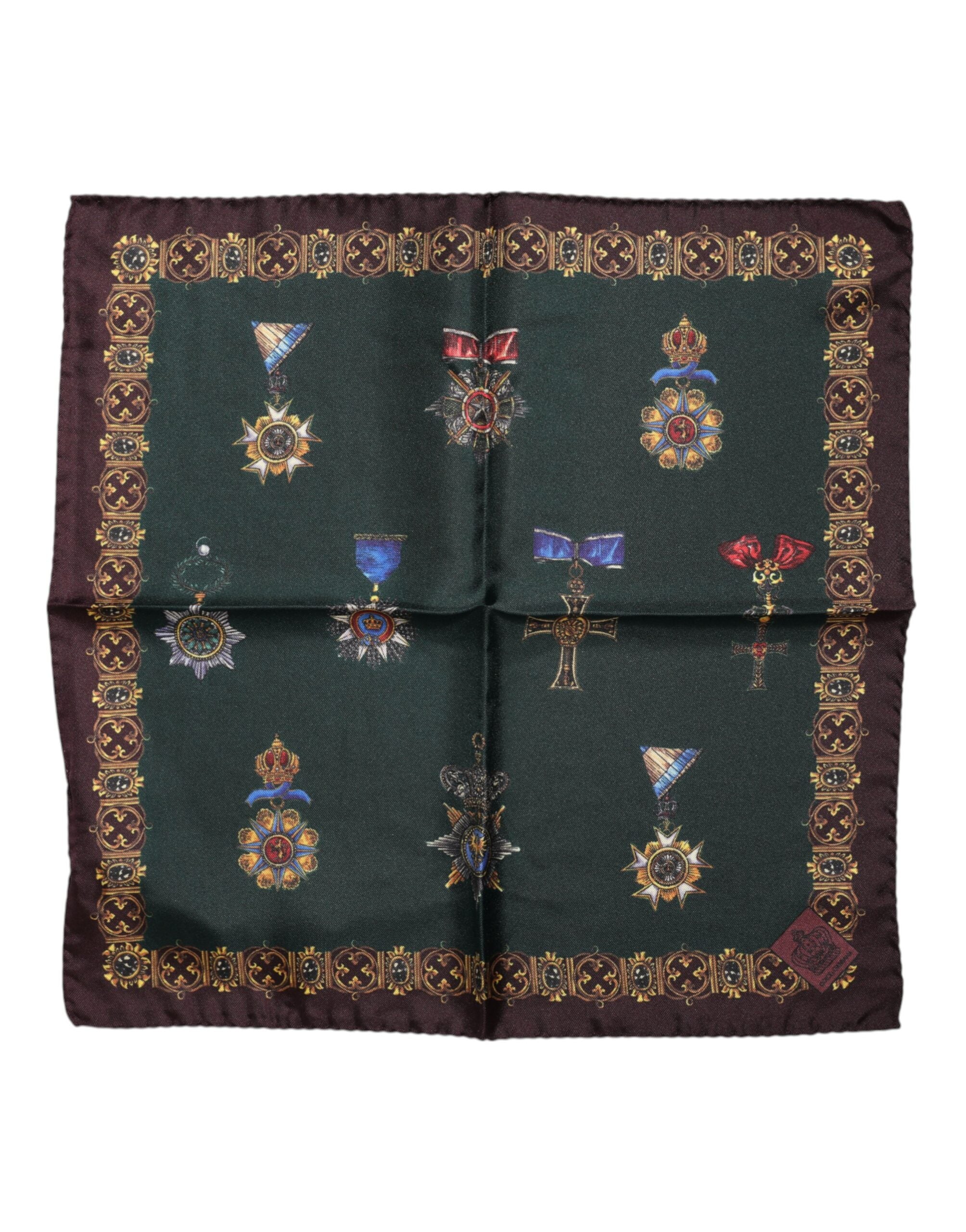 Dolce &amp; Gabbana Green Medals Silk Square Foulard Scarf