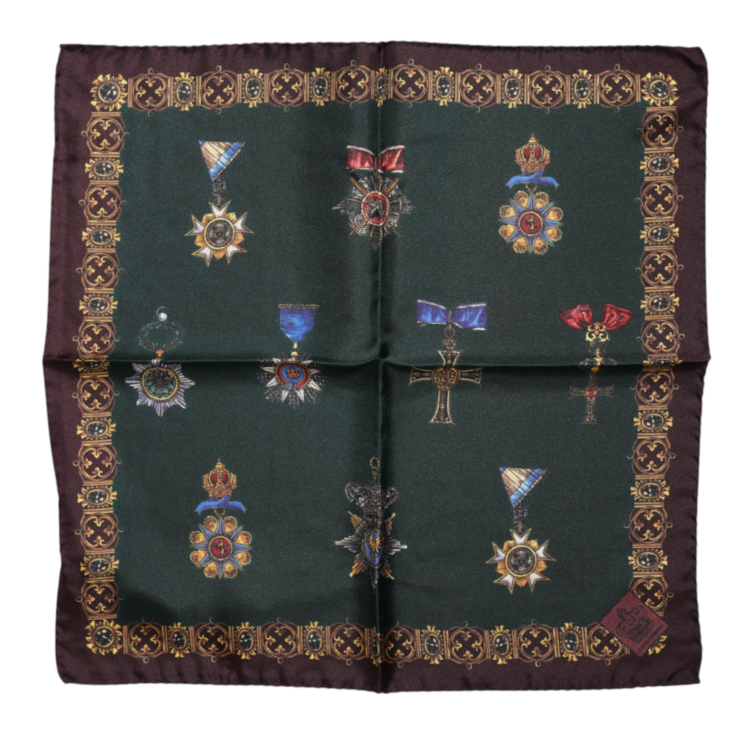 Dolce &amp; Gabbana Green Medals Silk Square Foulard Scarf