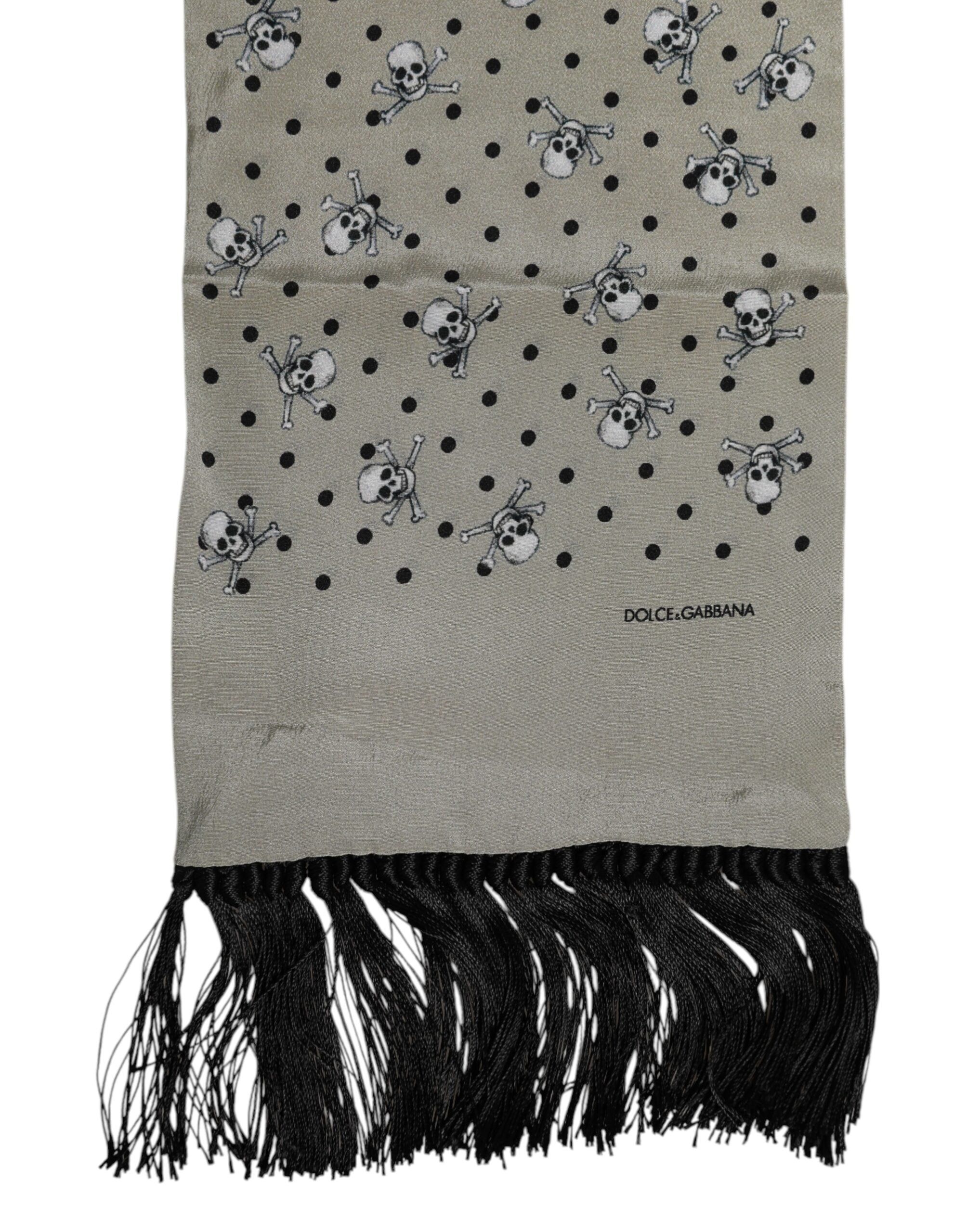 Dolce &amp; Gabbana Gray Skulls Silk Fringes Men Foulard Scarf