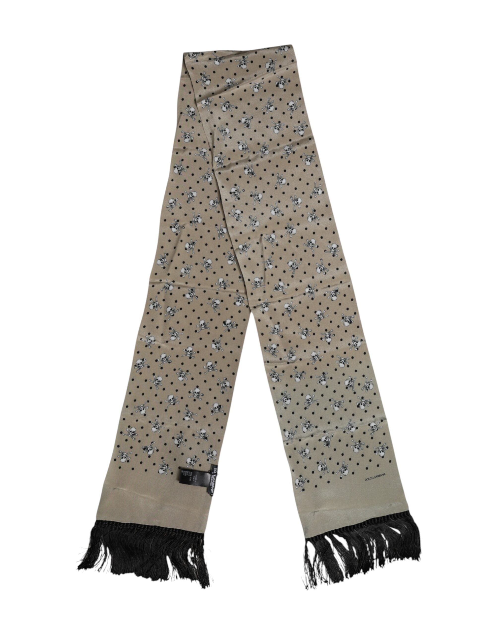 Dolce &amp; Gabbana Gray Skulls Silk Fringes Men Foulard Scarf