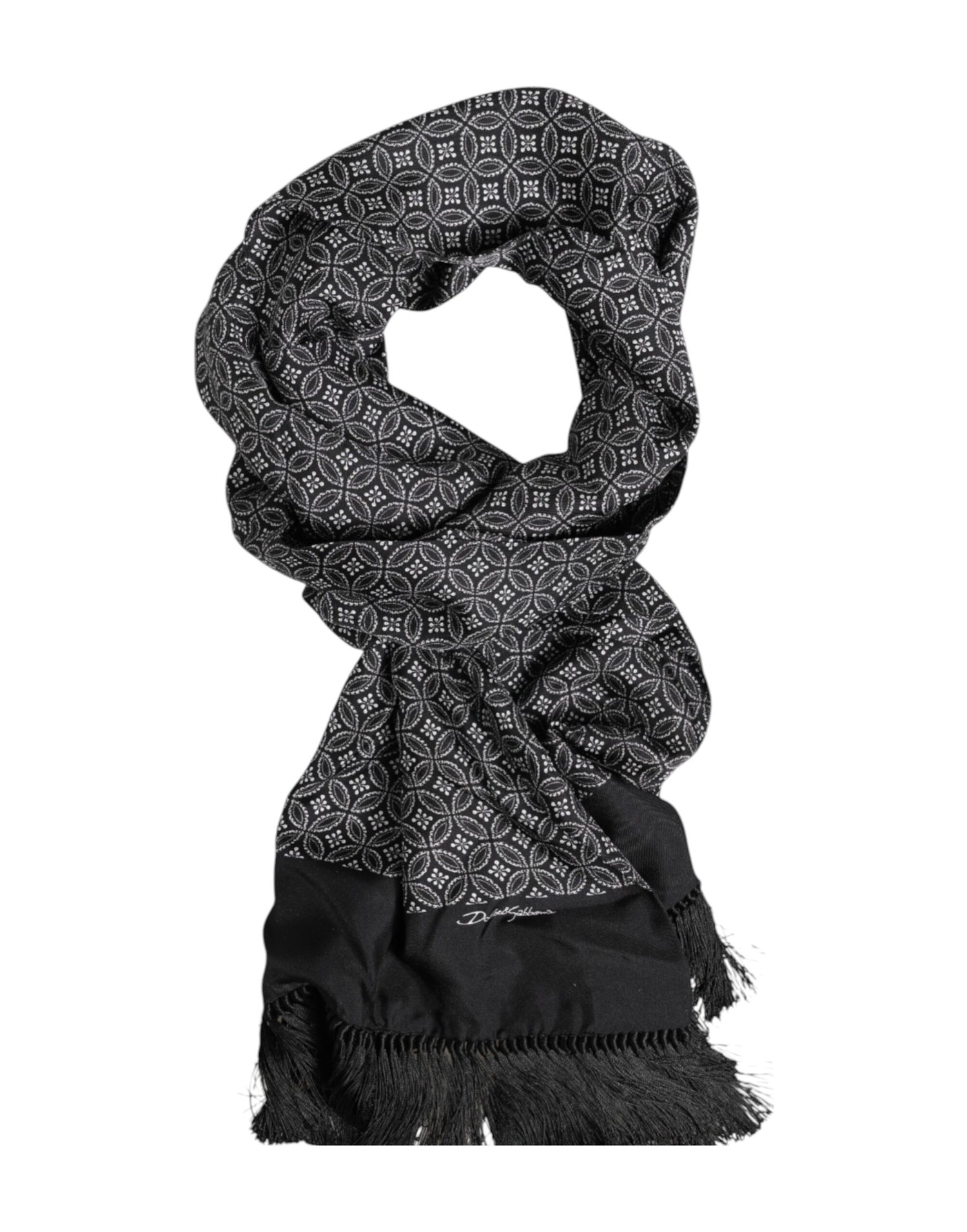 Dolce &amp;amp; Gabbana Svart Mönstrad Fransig Herr Foulard Halsduk