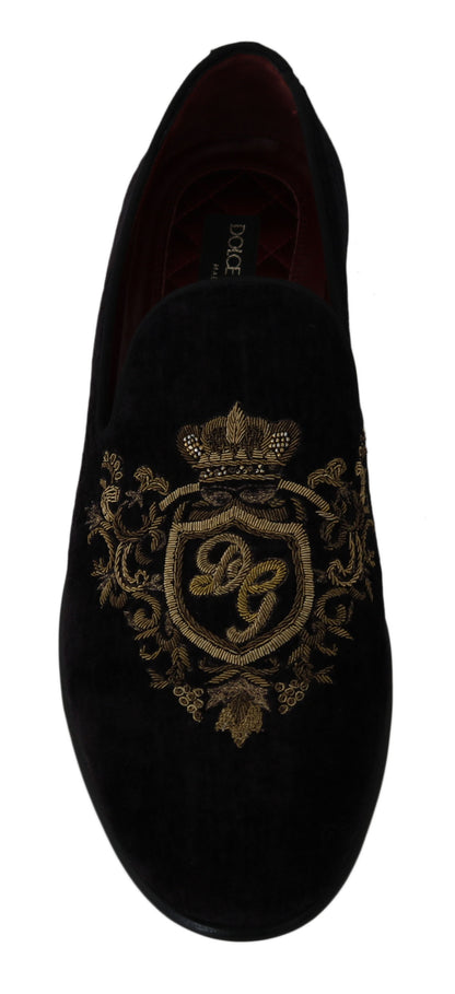 Dolce &amp; Gabbana Loafers Black Velvet Gold Crown