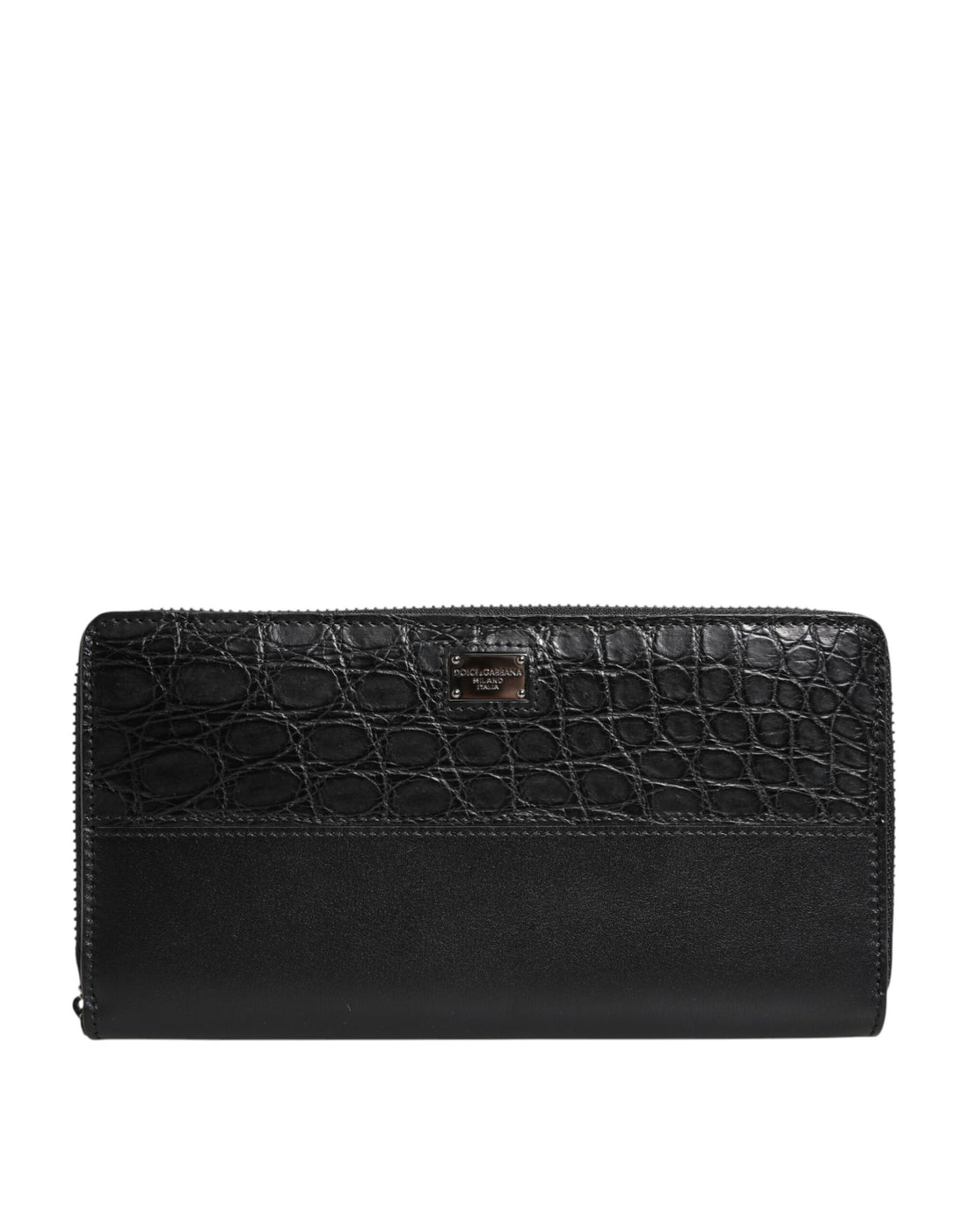 Dolce &amp; Gabbana Black Leather Logo Plaque Zip Around Continental Wallet
