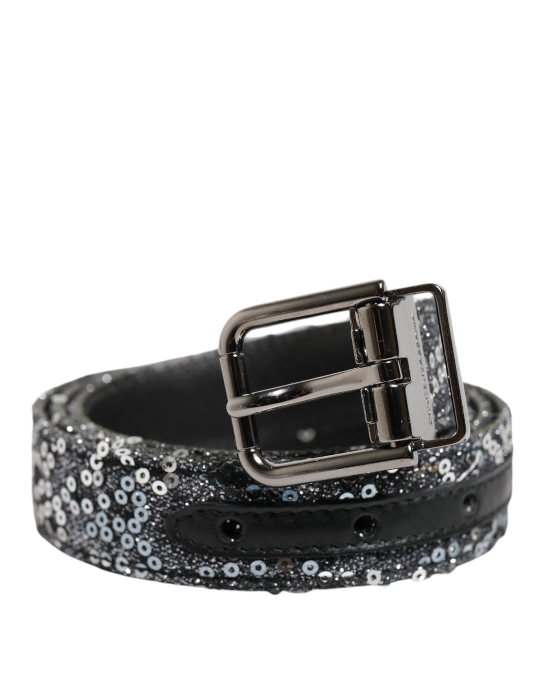 Dolce &amp; Gabbana Black Sequins Silver Metal Logo Buckle Belt