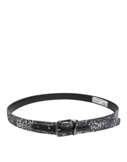 Dolce &amp;amp; Gabbana Svart Paljetter Silver Metallbälte med Logotypspänne