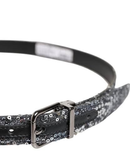 Dolce &amp;amp; Gabbana Svart Paljetter Silver Metallbälte med Logotypspänne