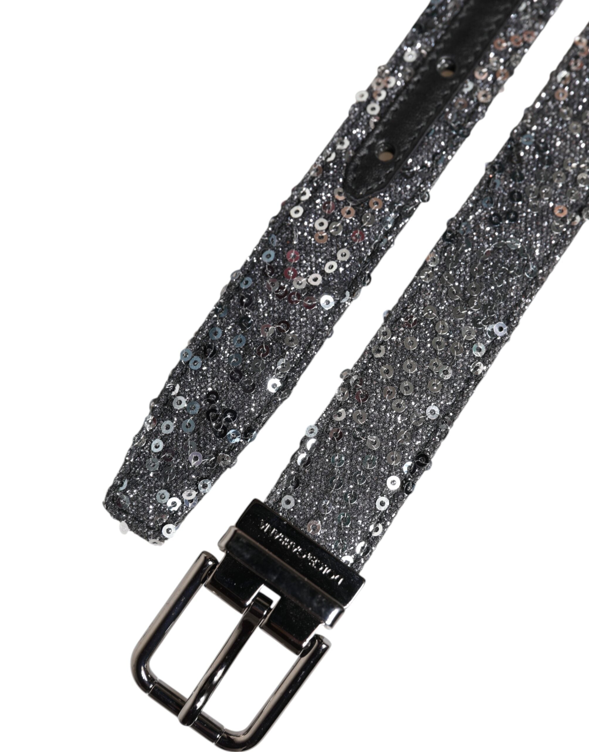 Dolce &amp;amp; Gabbana Svart Paljetter Silver Metallbälte med Logotypspänne